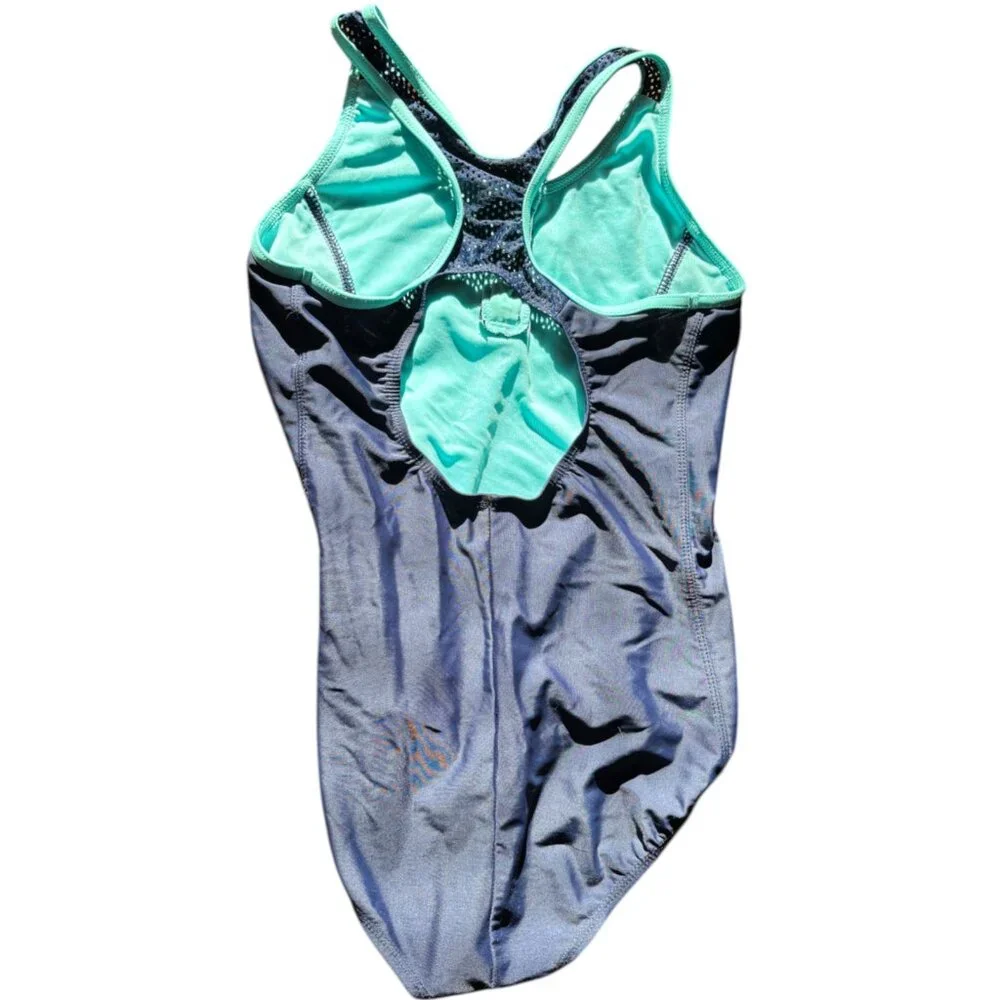 Zero Xposur girl's 14 one piece swimsuit green blue tie dye zip front racerback‎